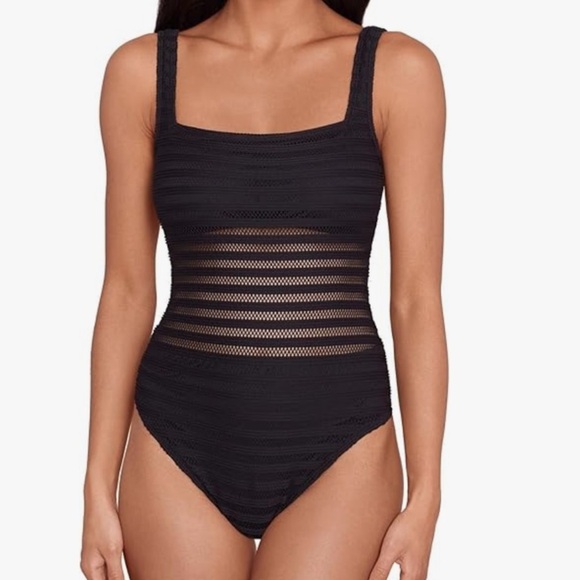 NEW Lauren Ralph Lauren Ottoman Mesh Square Neck One Piece - Picture 1 of 12